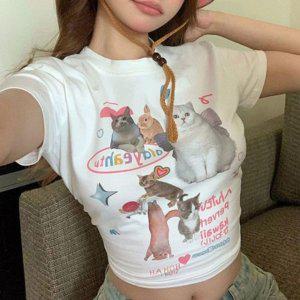 여자 하절기 크루넥 숏티 그래픽 세미크롭 스타일 티셔츠 캐주얼셔츠 핑크캣 미니티 크루넥티우먼 숏슬리브