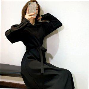 여자 베이직 단정한 허리끈 올 블랙색상넥카라 원피스룩