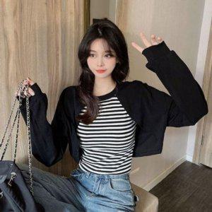 레이디스 캐주얼룩 숏기장 일체형 연출 스타일롱티 맨투맨티셔츠 롱티 캐주얼티셔츠 스탠다드 크롭티셔츠