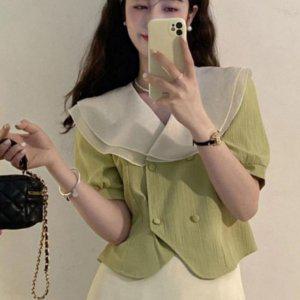 여자 빅카라셔츠 여름철 프릴레이스 올데이 반소매 가벼운원단 남방