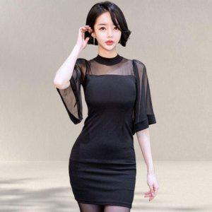 트렌디 여자 하객롱드레스 여름철 시스루소재 수트 미니멀사이즈 플레어스커트 미니스커트 휴양지 블랙컬러