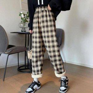 여성겨울바지 머스트해브 시즌 밴드 플래드 털 웜 팬츠 바지 검정 두툼한 그리드체크 보아 트라우저 수면