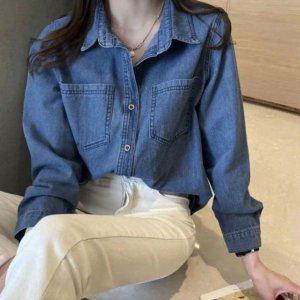 이지웨어 걸스 유즈드 루즈한 실루엣롱티 청바지 드레스셔츠 스타일 탑 칼라티 박스티 줄무늬