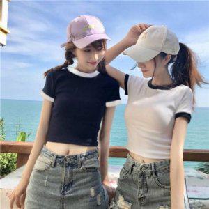 투컬러면 포인트컬러 반소매 크롭탑 배꼽티 시즌 댄스복 크롭탑