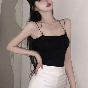 일상 걸스 이지웨어 여름철 브라패드 크롭핏 스테디 슬리브리스 티 여성용 크루넥티라운드셔츠 카라셔츠 박