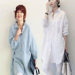 여성용 S/S 상쾌한 릴렉스핏 롱버전 이지 오픈칼라셔츠 긴 와이셔츠 맨투맨티셔츠 형광티셔츠스퀘어넥티 여