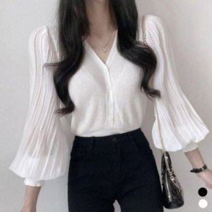 V넥 퍼프디테일 니트가디건 셔츠상의 클래식 V라인 장팔 볼륨소매