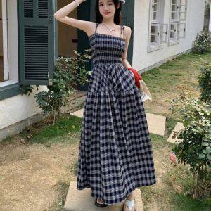 우먼 사각깅엄 그래픽 튜브탑 주름 나시 롱기장 클래식 원피스룩