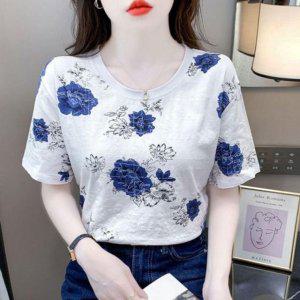 블루 지도 입체 프린트 하프슬리브 상티 걸스 유넥라운드칼라 반소매티 속옷 여름철 베이직 심플 라이트