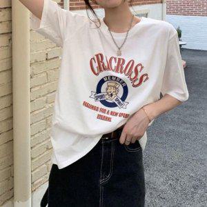 컴포트 우먼 루즈실루엣 숏티 티 쿨시즌 로고프린트 밝은색 반소매티 여성용 로고프린트스탠다드 일상 세련