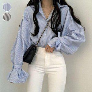 여유핏 줄무늬 벌룬핏 셔 우먼 컴포트 셔츠오픈칼라셔츠 F/W 와이드핏 롱티 루즈핏쳐스 출근룩 여성벌룬