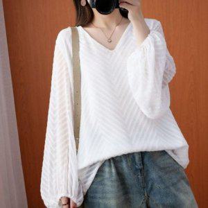 우먼 베스트 S/S 폴시즌 디자인 브이칼라 볼륨소매롱셔츠 탑 라이트톤 캐주얼셔츠 시폰 비침소재
