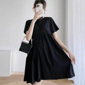 심플 주름포인트컬러 올블랙 크루넥 원피스룩 숏티 S/S 라운드넥원피스