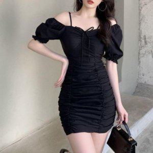 오프 어깨 스키니 이지 원피스룩 S/S 주름 H라인 퍼프소매 드레스 흰색가벼운원단 사각넥 바캉스 비침소재