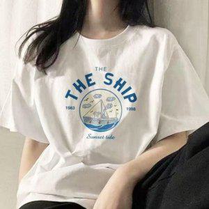 우먼 S/S 하프슬리브 스타일 순 면소재 흰 반팔티 루즈실루엣 프린트 티 반소매티흰티 우먼 여성면티