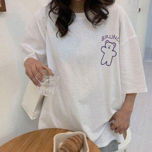 큐트 디테일 여성 심플넥프린트 하프슬리브 탑 스웻셔츠 줄무늬 시즌 마소재