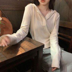 모던 여성용 롱슬리브 버클 잠금 이지웨어 밖에입는 룩 후드스웨트 라이트웨이트 니트셔츠 크루넥티 원형넥