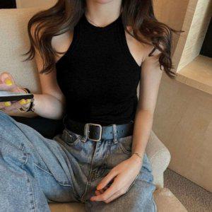 20대 30 레이디 니트립 망고 크루넥 소매없음 스테디 탑우먼 슬리브리스 세미크롭 배꼽티 액티브