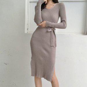 유니크 여자 쓰리컬러 스키니롱핏 뜨개탑 스트라이프짜임 미니드레스 DS롱원피스