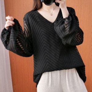 걸스춘절기 F/W 프린트 V넥 퍼프 긴소매 상의 프리미엄 검정 와이셔츠 시스루소재 비침소재 봄블라우스
