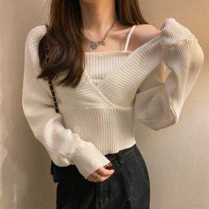 베스트 뜨개탑 소매없음슬리브리스 스퀘어 이너 랩 롱셔츠 일체형