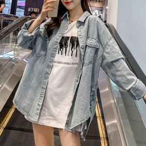 레이디스 루즈실루엣 청 청바지 캐주얼셔츠 스프링 추절기 데일리룩 장팔 여성용 와이셔츠 데님셔츠탑 청셔