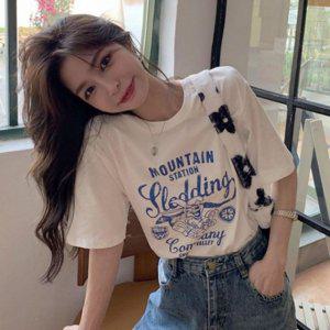 우먼 올데이 박스핏 그래픽 라운드칼라 면소재 하프슬리브 티 오버사이즈 썸머빅핏 하프슬리브 플레인 여성