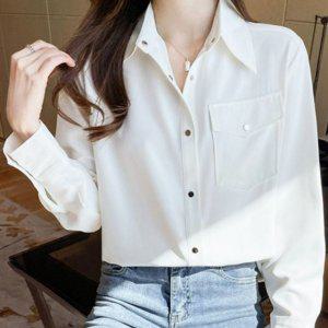 여성용 레이디 탑 오픈칼라셔츠 와이셔츠 롱티 이지 S/S 폴시즌일상용 솔리드 일상 데일리 포커스 베이직솔
