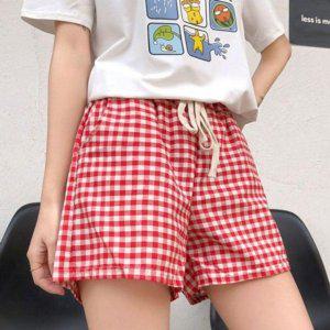 여성용 예쁜 러블리 패션라인체크패턴 허리 밴드 단축 슬랙스 여성 릴렉스 하프팬츠 데일리룩 스포츠웨어