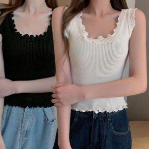 우먼 레이스소재라인디테일 포인트컬러 반 숏탑 룩 민소매 여성봄 니트집업 우먼 풀오버 롱니트아우터 시즌