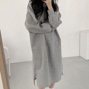 무문양 걸스 후드스웨트드레스 스테디 데일리룩 우먼 플리스 롱라인 롱드레스
