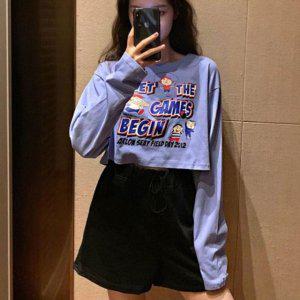 사랑스러운 캐릭터 포인트컬러 꾸안꾸 레이디스 캐주얼 크롭핏 롱티 티탑 후드맨투맨 라운드넥티 맨투맨티