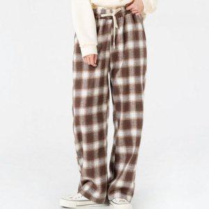 걸스 여성 깅엄 포인트컬러 무늬일상 팬츠 어저스터 밴드라인 트라우저 클래식 데일리 루즈 룩 하의 고무줄
