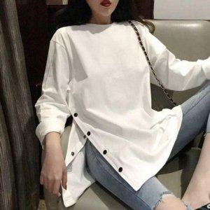 레이디스 S/S 폴시즌 크루넥티 옆트임 스냅 롱티 라운드셔츠 우먼쿨시즌 커플티 하프티 스타일 커플시