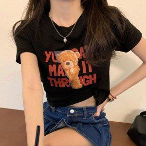 사랑스러운 테디 프린트 로고프린트여자 숏기장 숏티 크루넥티 쿨시즌 민소매 박스티 쫄티 머스트해브 커플