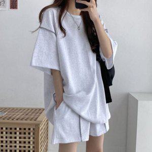 여성용라운드넥 숏티 밴딩반바지 유니크 셋업