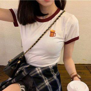 타이트핏 데일리 라운드칼라 유니크 여자반팔티크롭티셔츠 투톤