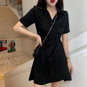 검정 색상 레이디스 주름 실루엣 포커스 비대칭 원피스룩 플레어스커트 베이직이지 이지웨어 캐주얼 여행
