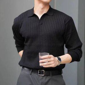 남자 남성 캐주얼 골지 오픈카라 긴팔티셔츠 검정티 블랙티셔츠