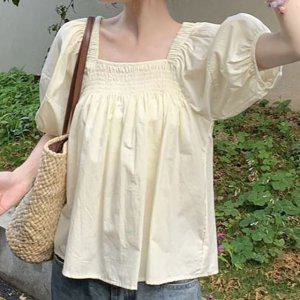 아이보리 블라우스 반팔 스모크 밴딩 벌룬 여름 상의 여자셔츠 여성블라우스