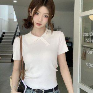 여름 반팔 카라티셔츠 여성 흰색 크롭 면티셔츠
