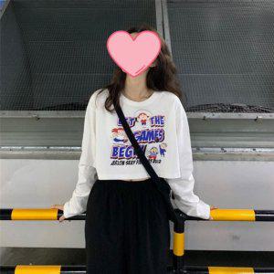 크롭 캐릭터 긴팔티셔츠 흰티 여성의류 라운드티셔츠 데이트룩 페미닌룩 캐주얼룩 크롭티