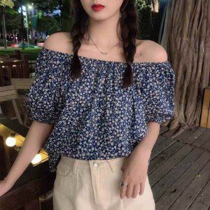 오프숄더 플라워 프릴 블라우스 여름 반팔 여성 스모크밴딩 셔링
