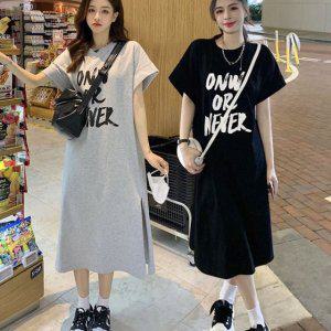 여성 롱원피스 여름 검정 그레이 반팔원피스 레터링티셔츠 여성티셔츠