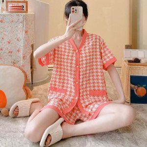 핑크 잠옷 여성 순면 홈웨어 세트 파자마 여름 체크무늬