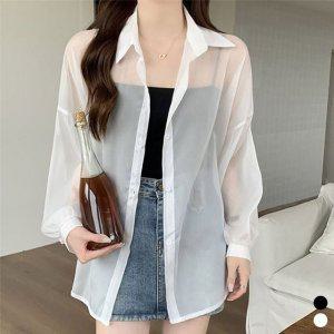 화이트 시스루 여름셔츠 오버핏셔츠 여성블라우스 데일리 캐주얼남방
