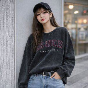 오버핏 워싱 프린팅 여성 루즈핏 맨투맨 레터링티셔츠