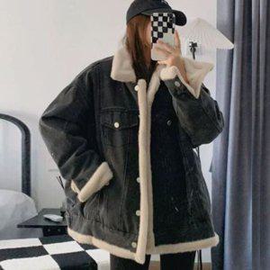 여성 양털자켓 데님자켓 퍼 안감 겨울 루즈핏 코디