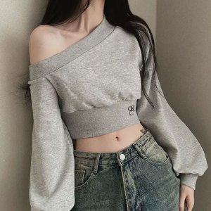 오프숄더티셔츠 크롭 긴팔티 셔츠 숏티 여자맨투맨 크롭티 오버핏맨투맨 여성긴팔티
