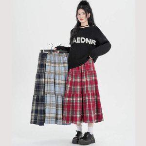 체크캉캉 플레어 롱스커트 밴딩스커트 롱치마 체크치마